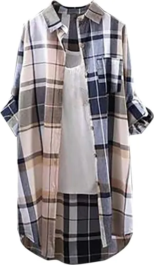 Cardigan for Women 2024 Plaid Print Tunic Tops Fall Fashion Plus Size Open Front Roll Up Sleeve Button Down Shirts