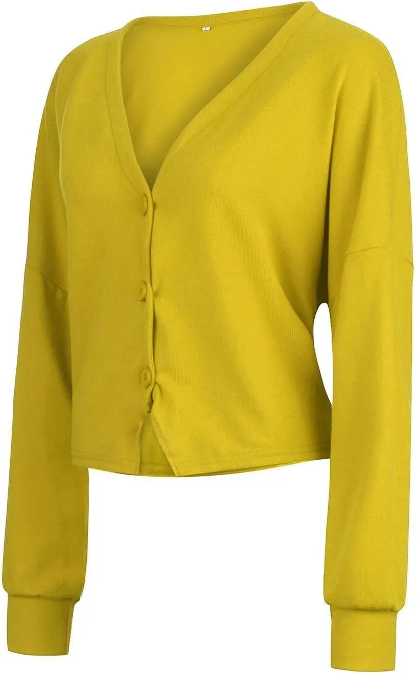 Cardigan Sweater for Women Cropped Knit Cardigans Open Front V-Neck Crochet Solid Sweaters Long Sleeve Button Up Tops