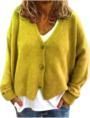 Cardigan Sweater for Women Cropped Knit Cardigans Open Front V-Neck Crochet Solid Sweaters Long Sleeve Button Up Tops