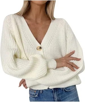 Cardigan Sweaters for Women Lightweight Open Front Chunky Knit Long Sleeve V Neck Button Loose Cropped Cardigan
