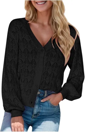 Cardigan Sweaters for Women Lightweight Open Front Chunky Knit Long Sleeve V Neck Button Loose Cropped Cardigan