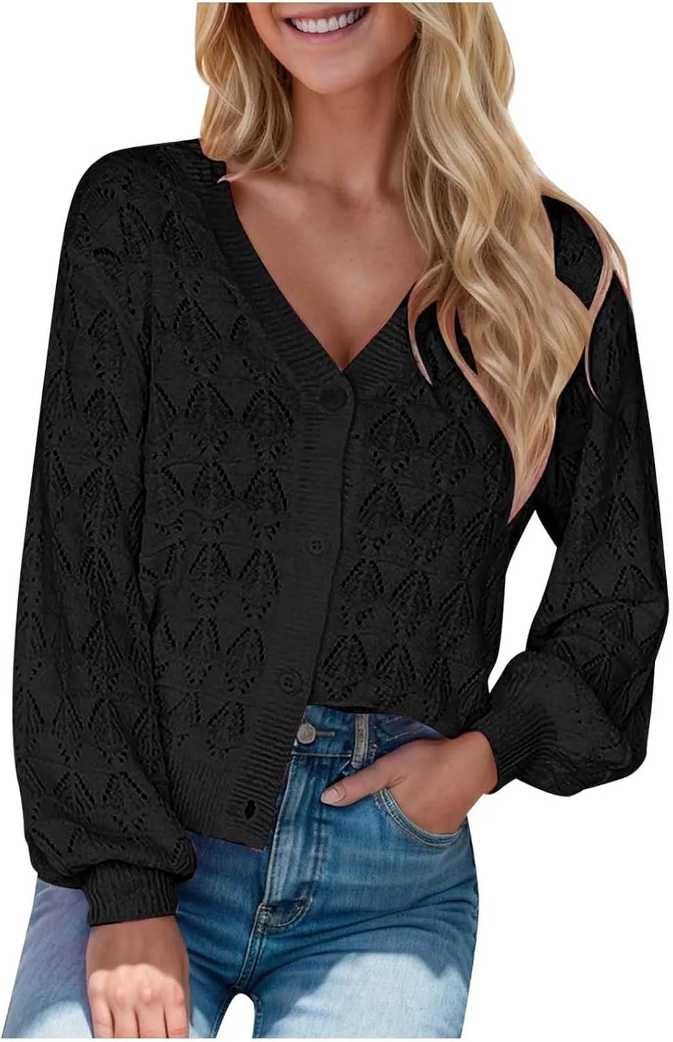Cardigan Sweaters for Women Lightweight Open Front Chunky Knit Long Sleeve V Neck Button Loose Cropped Cardigan