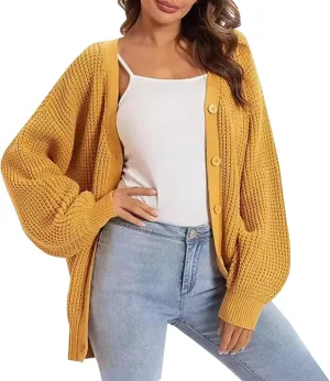 Cardigan Sweaters for Women Open Front Button Down Long Sleeve Knit Jacket Loose Fit Lightweight V Neck Outwear Coats