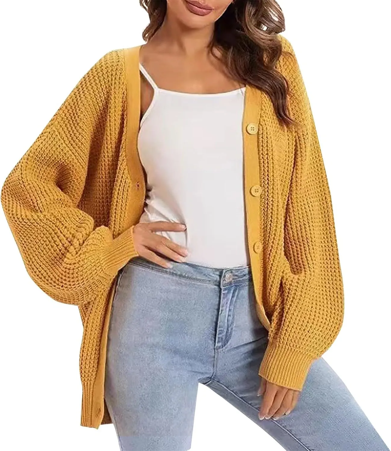 Cardigan Sweaters for Women Open Front Button Down Long Sleeve Knit Jacket Loose Fit Lightweight V Neck Outwear Coats