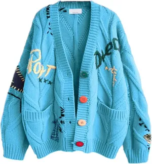 Cardigan Sweaters for Women Trendy Chunky Cable Knit Sweater V-Neck Button Down Sweaters Embroidery Open Front Coat