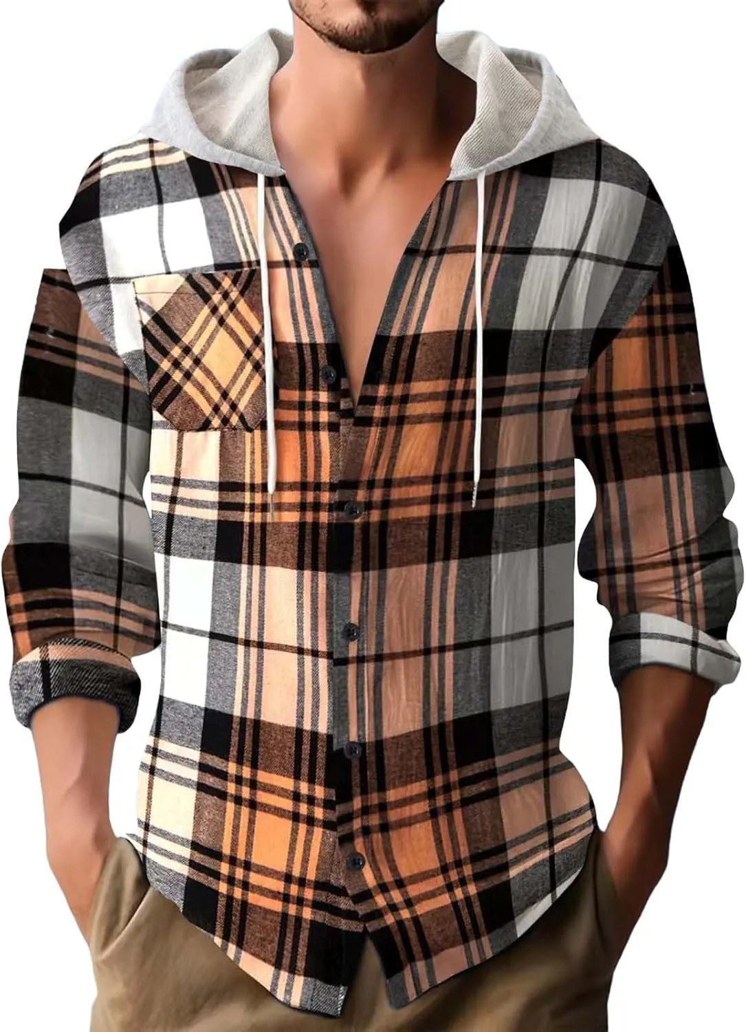 Casual Plaid Hoodies for Men Lightweght Hooded T Shirt Regular Fit Long Sleeve Button Down Shirts Jackets with Pocket