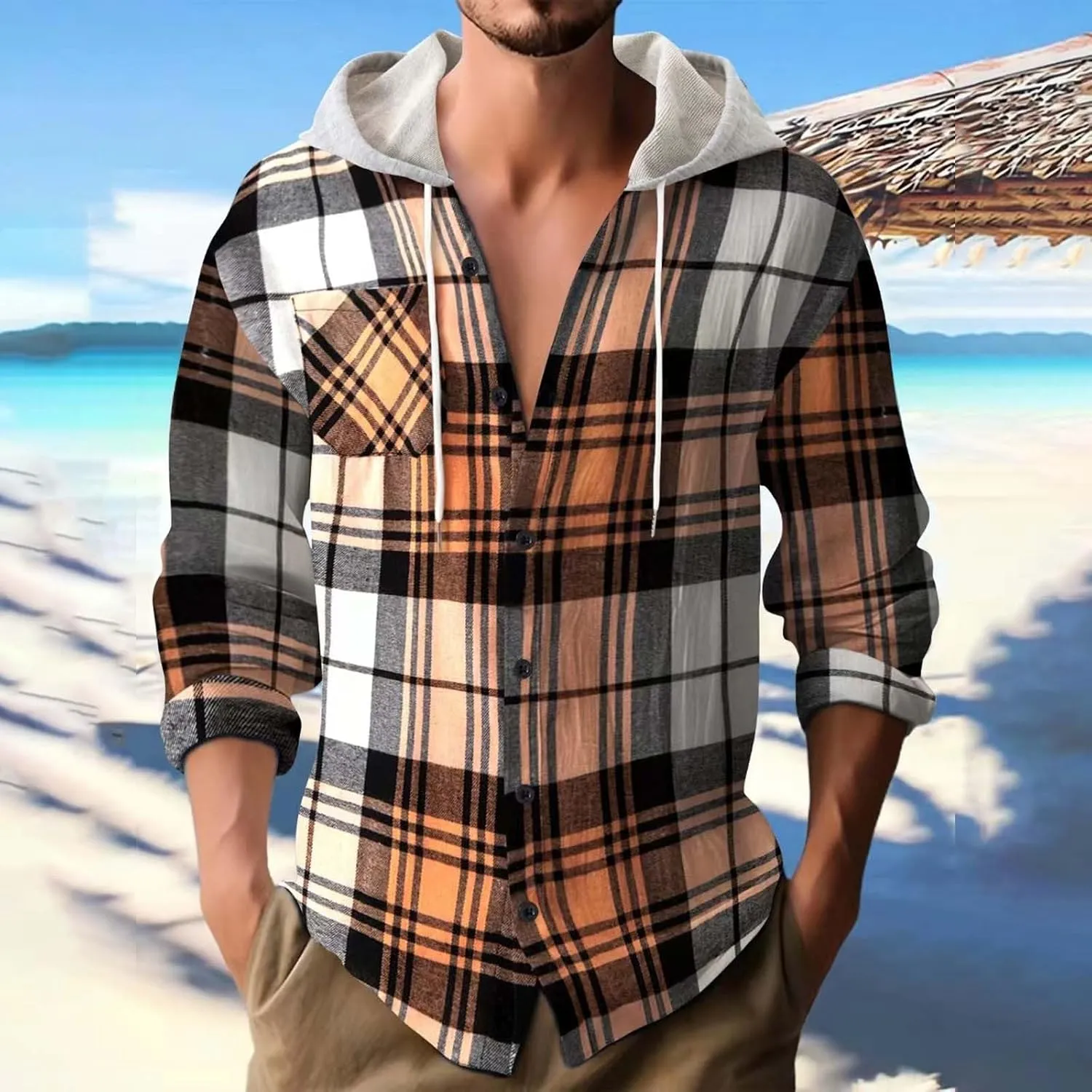 Casual Plaid Hoodies for Men Lightweght Hooded T Shirt Regular Fit Long Sleeve Button Down Shirts Jackets with Pocket