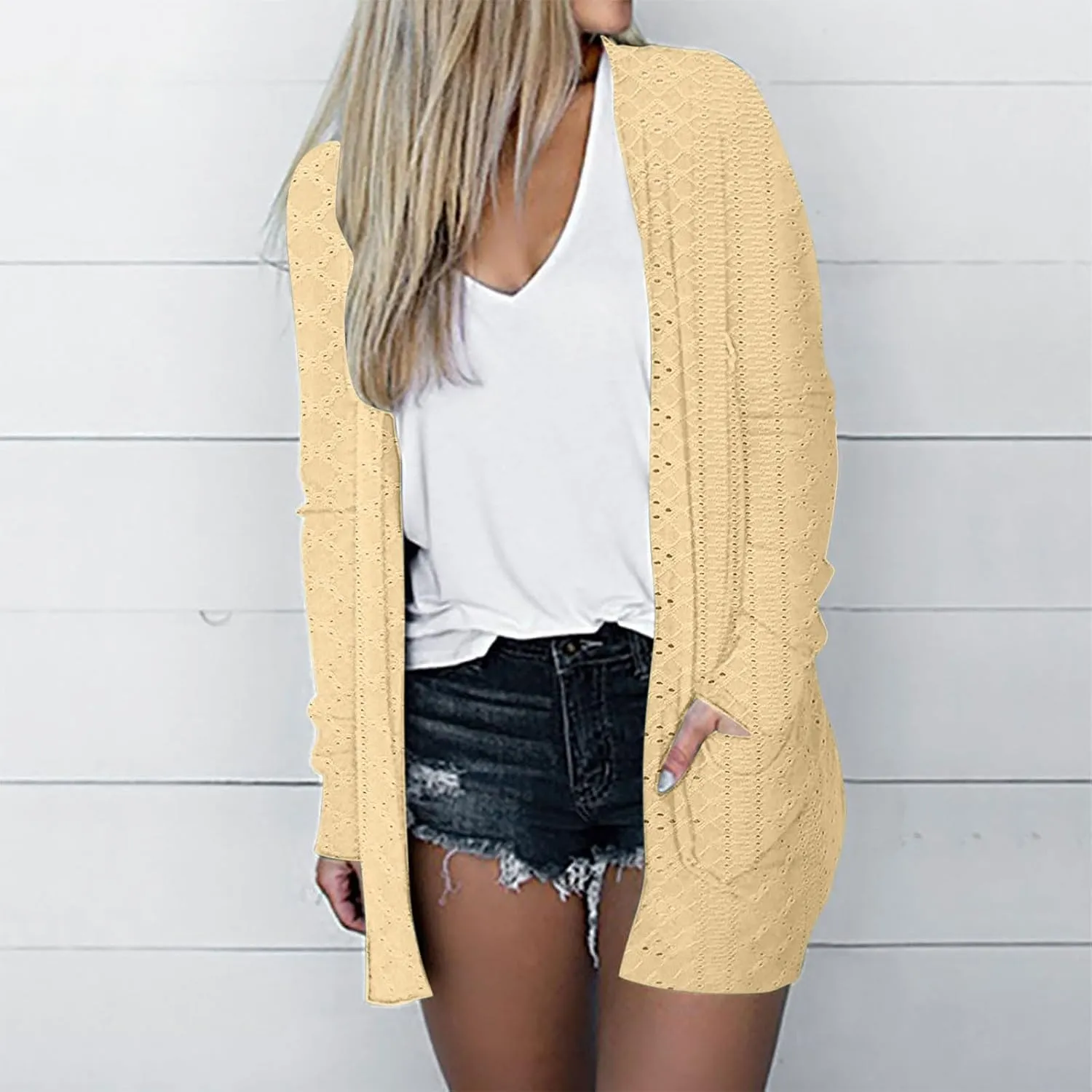 Casual Solid Cardigan Sweaters for Women Fall Open Front Coat Lightweight Knitted Oversized Outwear with Pockets