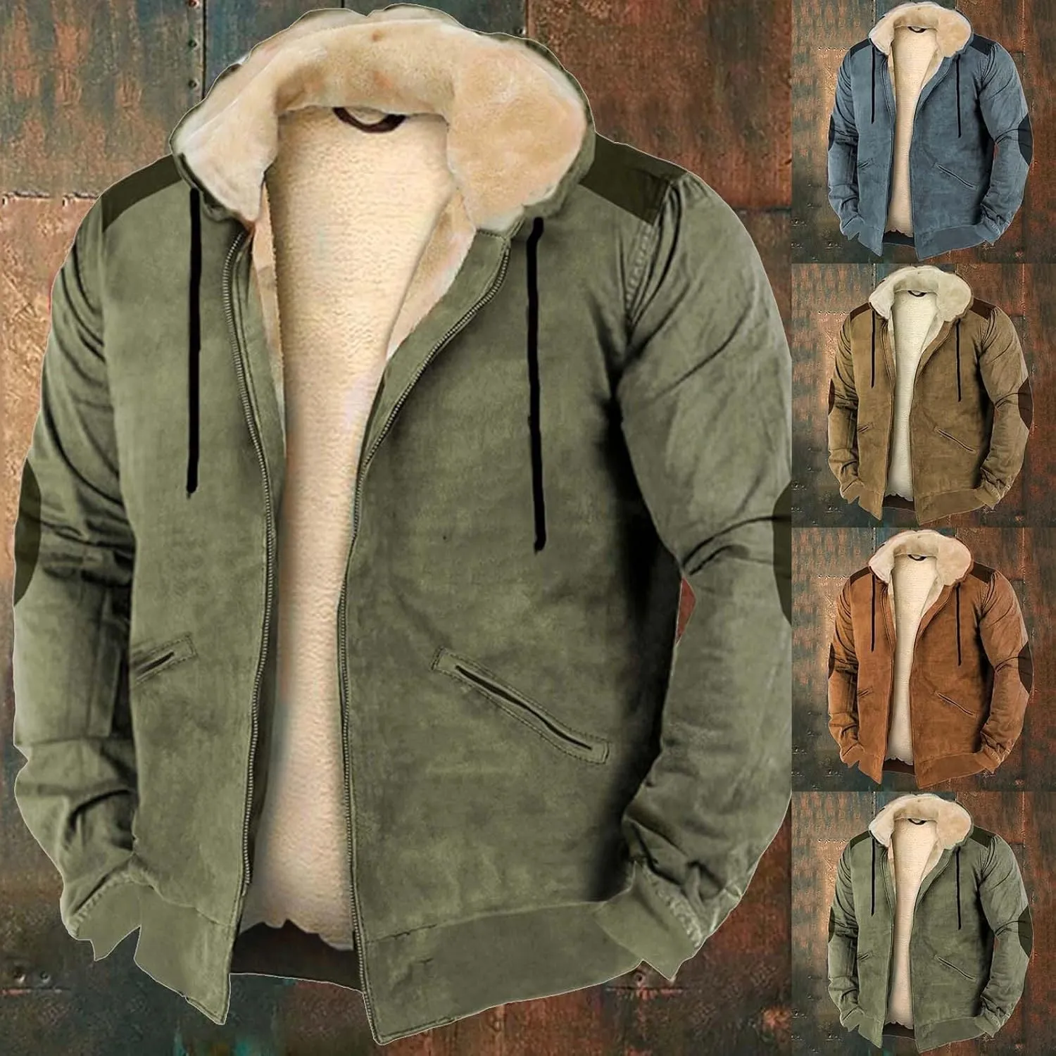Casual Thicken Hooded Jackets for Men Retro Winter Zip Up Heavyweight Hoodies Fleece Sherpa Lined Warm Coat Outerwear
