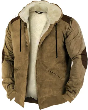 Casual Thicken Hooded Jackets for Men Retro Winter Zip Up Heavyweight Hoodies Fleece Sherpa Lined Warm Coat Outerwear
