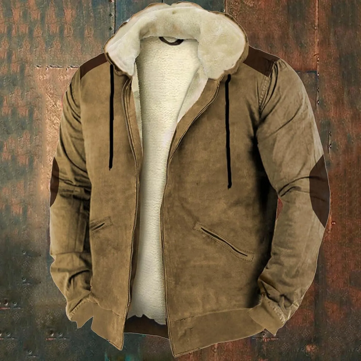 Casual Thicken Hooded Jackets for Men Retro Winter Zip Up Heavyweight Hoodies Fleece Sherpa Lined Warm Coat Outerwear