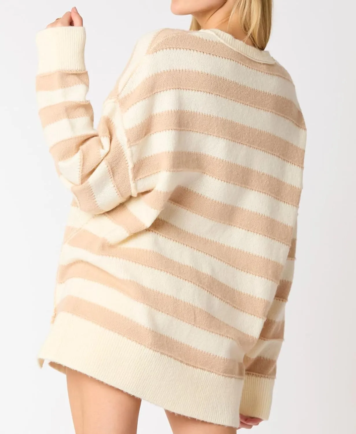 cffvdiz Women's Cable Knit Pullover Sweater Casual Loose Long Sleeve Striped Button Winter Sweater Tops