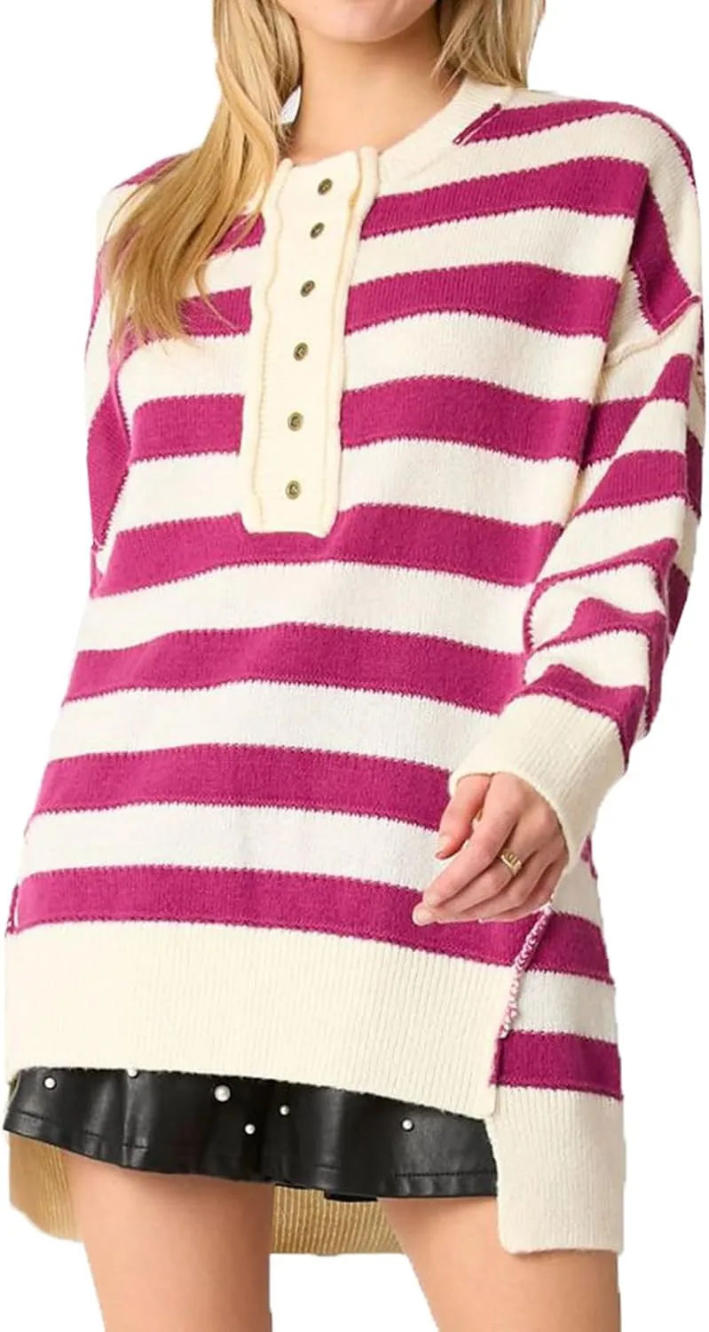 cffvdiz Women's Cable Knit Pullover Sweater Casual Loose Long Sleeve Striped Button Winter Sweater Tops