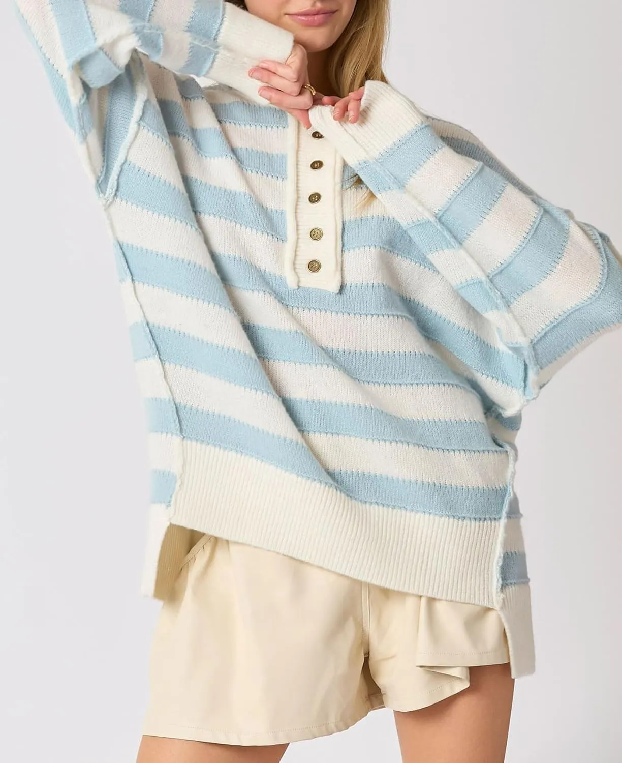 cffvdiz Women's Cable Knit Pullover Sweater Casual Loose Long Sleeve Striped Button Winter Sweater Tops