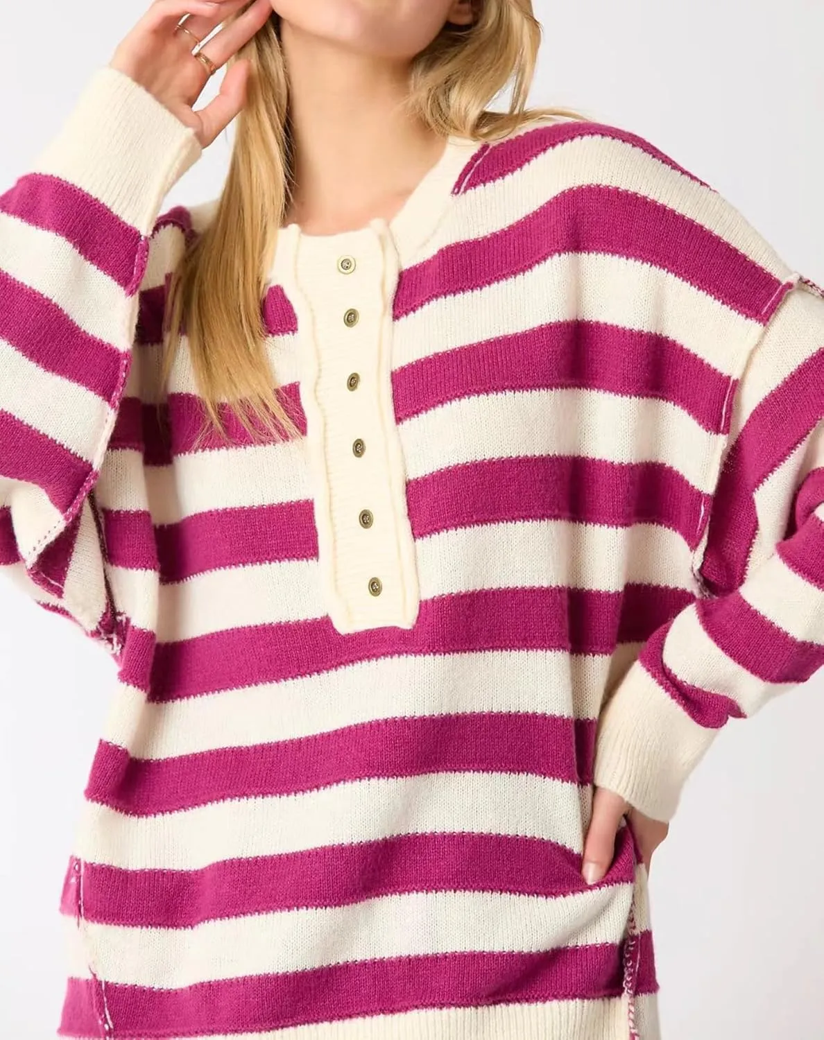 cffvdiz Women's Cable Knit Pullover Sweater Casual Loose Long Sleeve Striped Button Winter Sweater Tops