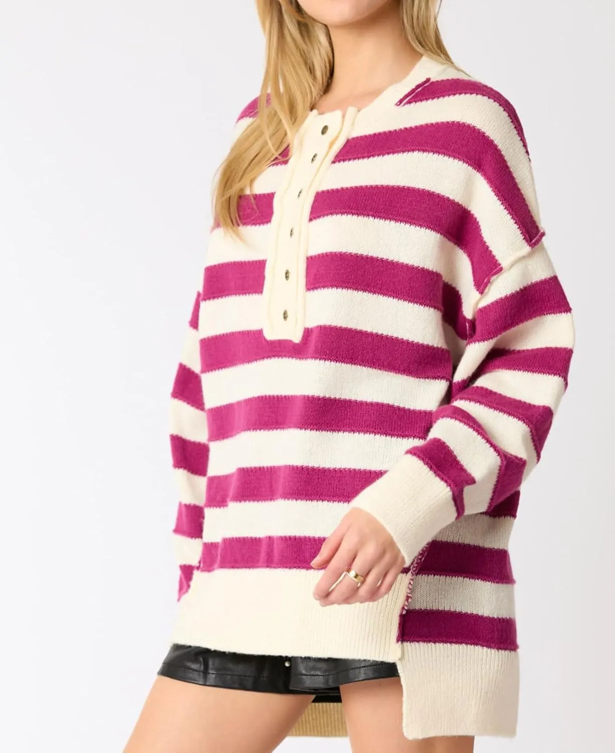 cffvdiz Women's Cable Knit Pullover Sweater Casual Loose Long Sleeve Striped Button Winter Sweater Tops