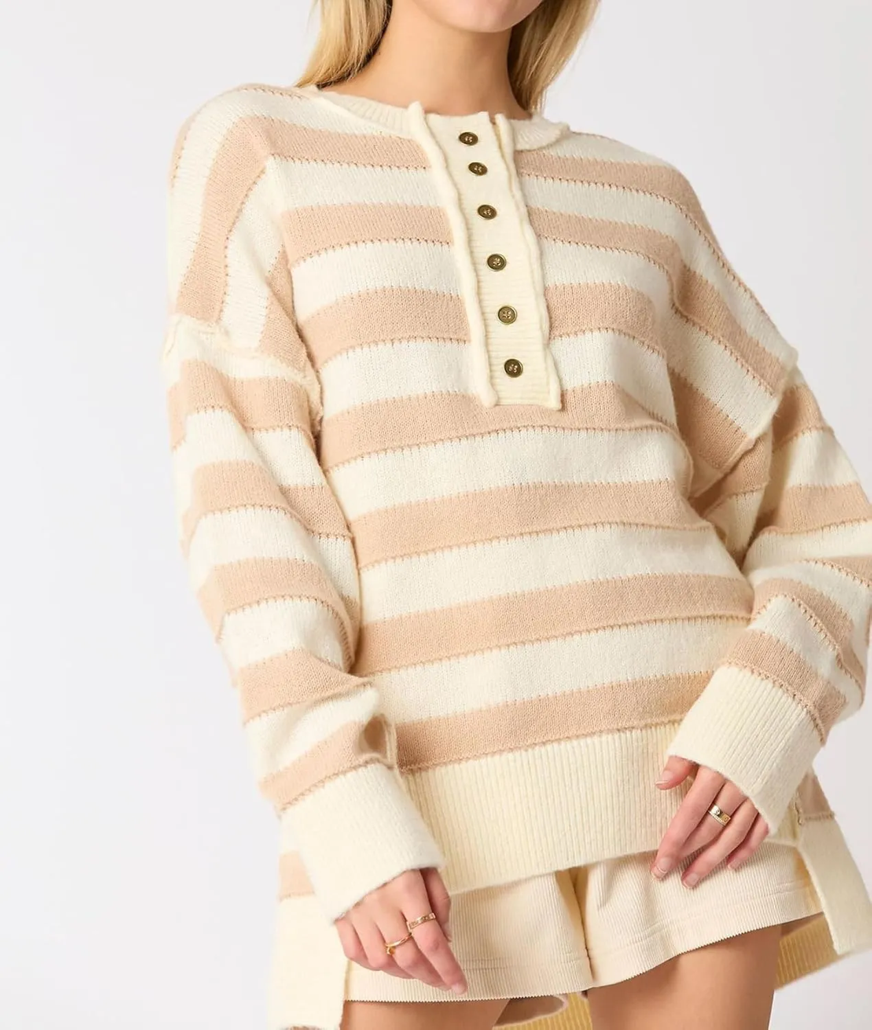 cffvdiz Women's Cable Knit Pullover Sweater Casual Loose Long Sleeve Striped Button Winter Sweater Tops