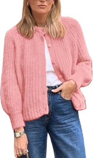 CHARTOU Women's Open Front Cable Knit Cardigan Sweaters Button Down Crewneck Cropped Y2K Fall Outfits 2024