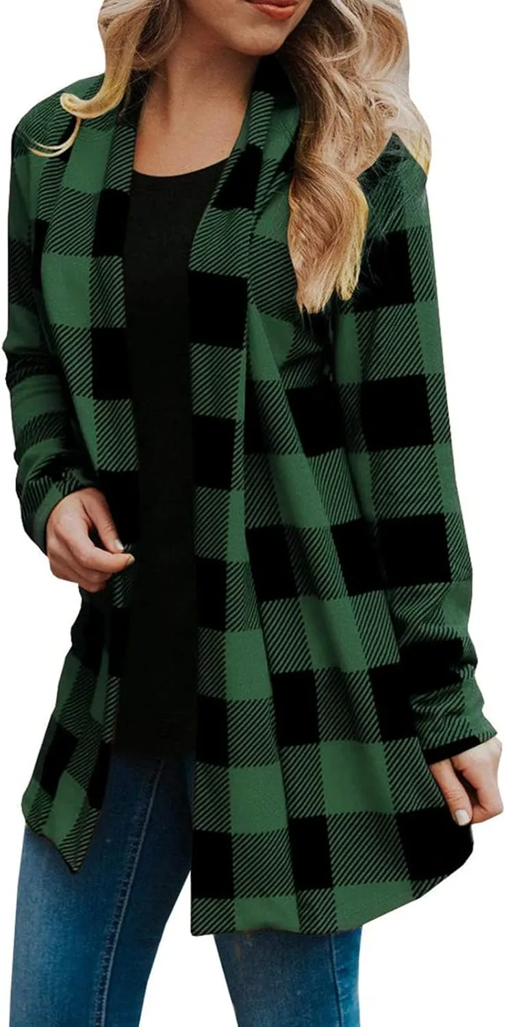 Checkered Cardigan for Women 2024 Trendy Long Sleeve Loose Soft Flannel Shirt Buffalo Plaid Fall Outfits with Pockets