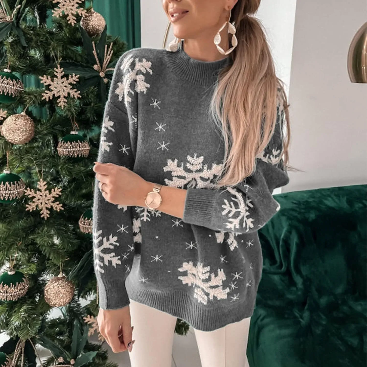 Christmas Sweaters for Women Xmas Reindeer Funny Ugly Sweater Long Sleeve Basic Cable Knit Sweaters Crewneck Cozy Top