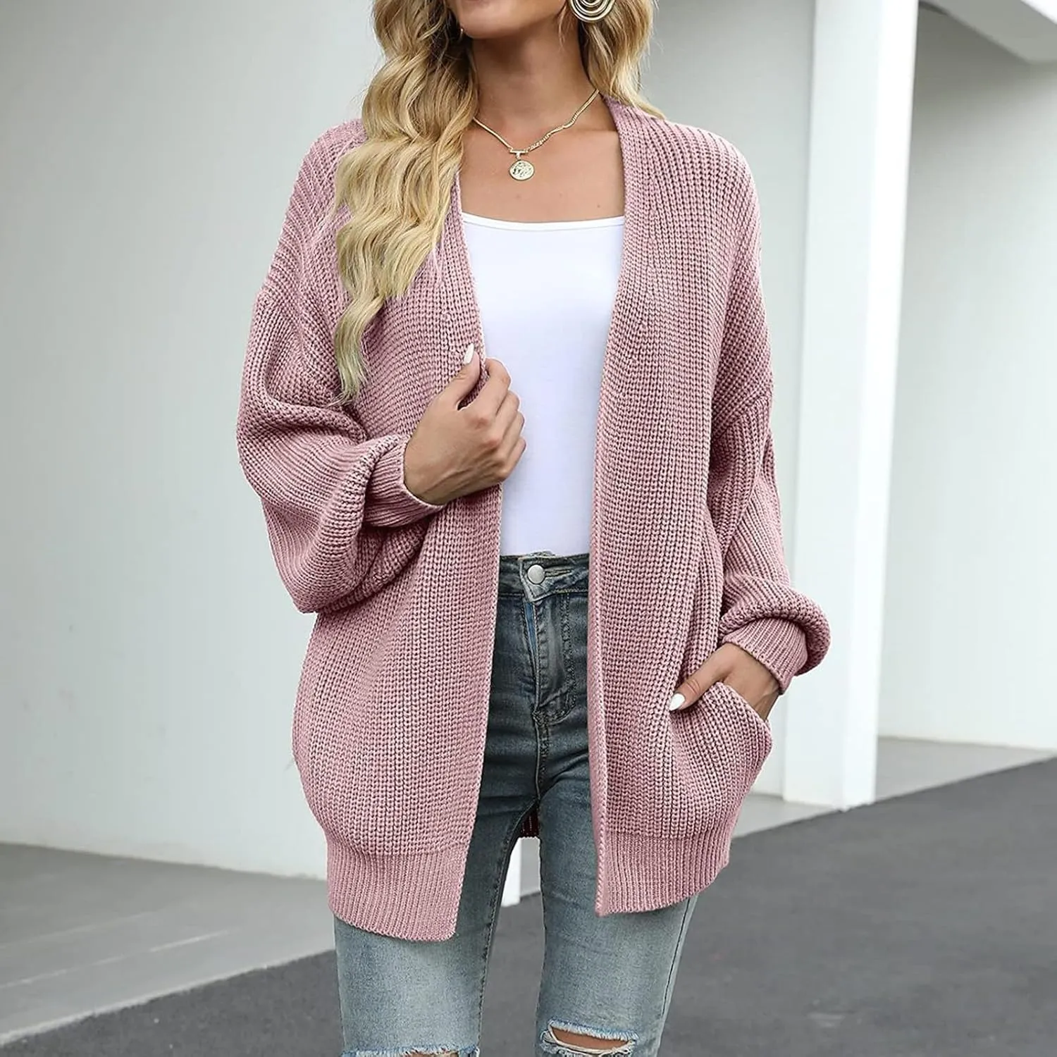 Chunky Cardigan Sweaters for Women Long Sleeve Open Front Cardigan Oversized Knit Sweaters with Pockets
