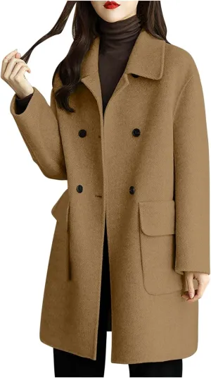 Coats for Women Trendy Double Breasted Wool Blend Overcoat Fall Winter Mid-Long Blazers Notched Lapel Trench Coats