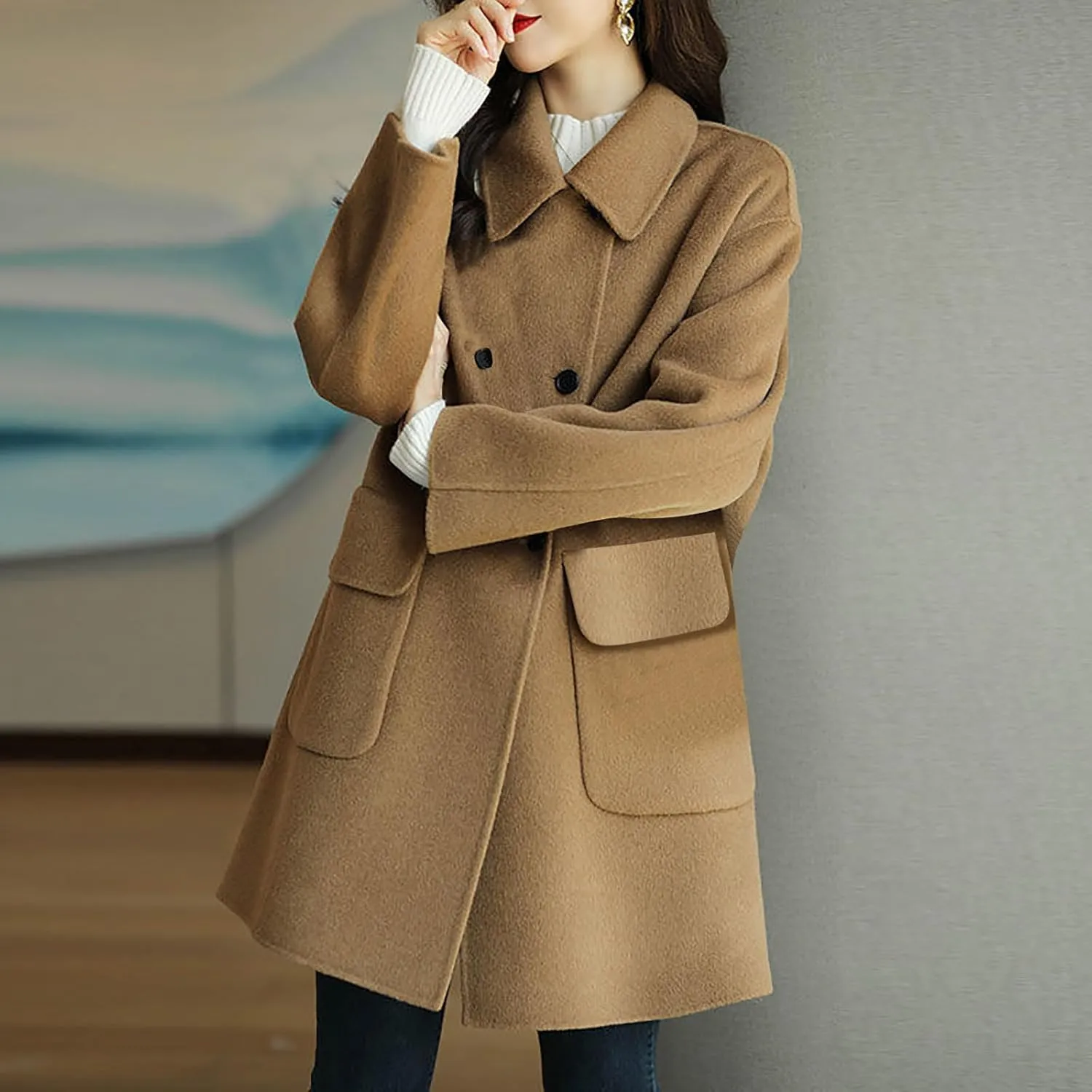Coats for Women Trendy Double Breasted Wool Blend Overcoat Fall Winter Mid-Long Blazers Notched Lapel Trench Coats