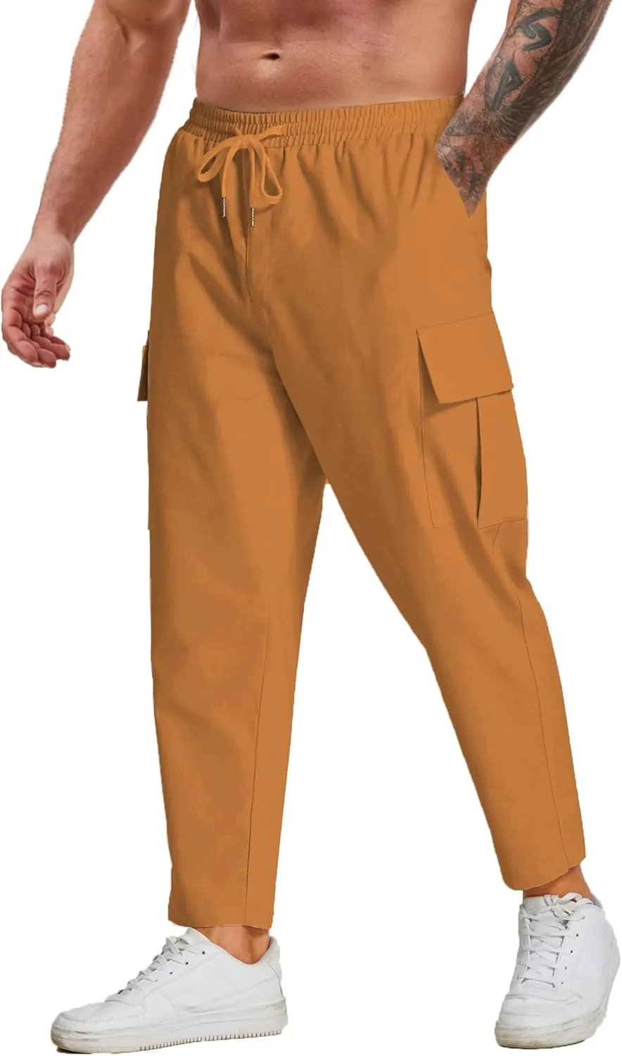 COOFANDY Mens Cargo Pants Relaxed Fit Casual Linen Pants Drawstring Sweatpants with 6 Pockets