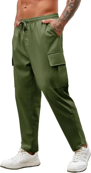 COOFANDY Mens Cargo Pants Relaxed Fit Casual Linen Pants Drawstring Sweatpants with 6 Pockets