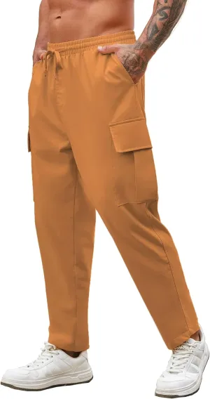 COOFANDY Mens Cargo Pants Relaxed Fit Casual Linen Pants Drawstring Sweatpants with 6 Pockets