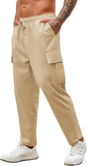 COOFANDY Mens Cargo Pants Relaxed Fit Casual Linen Pants Drawstring Sweatpants with 6 Pockets