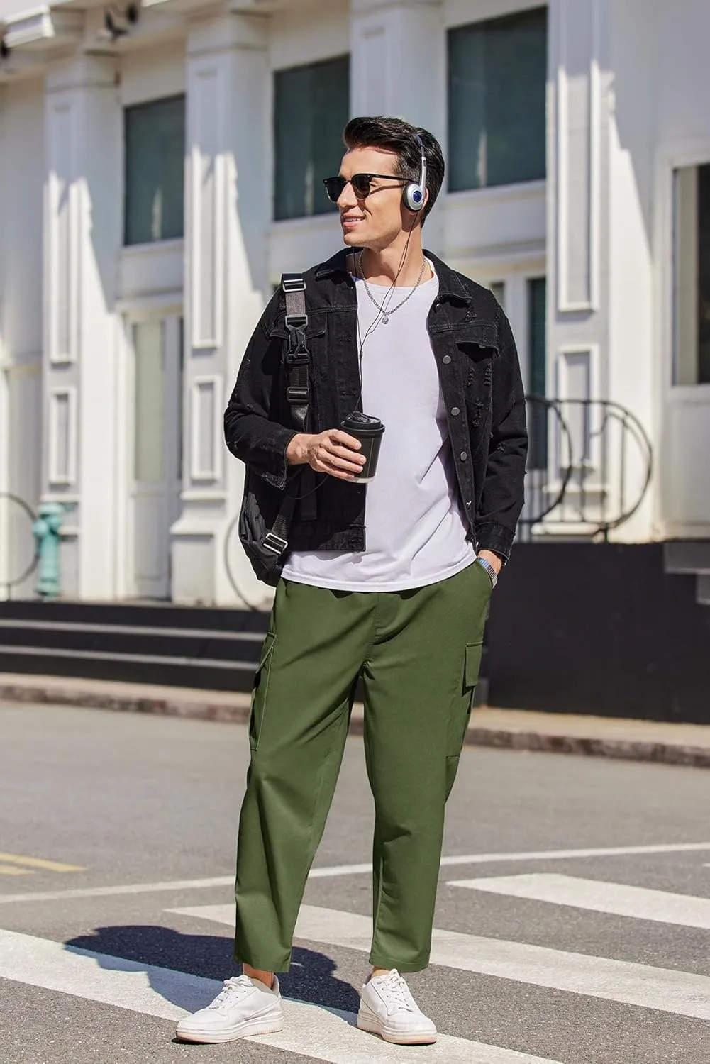 COOFANDY Mens Cargo Pants Relaxed Fit Casual Linen Pants Drawstring Sweatpants with 6 Pockets
