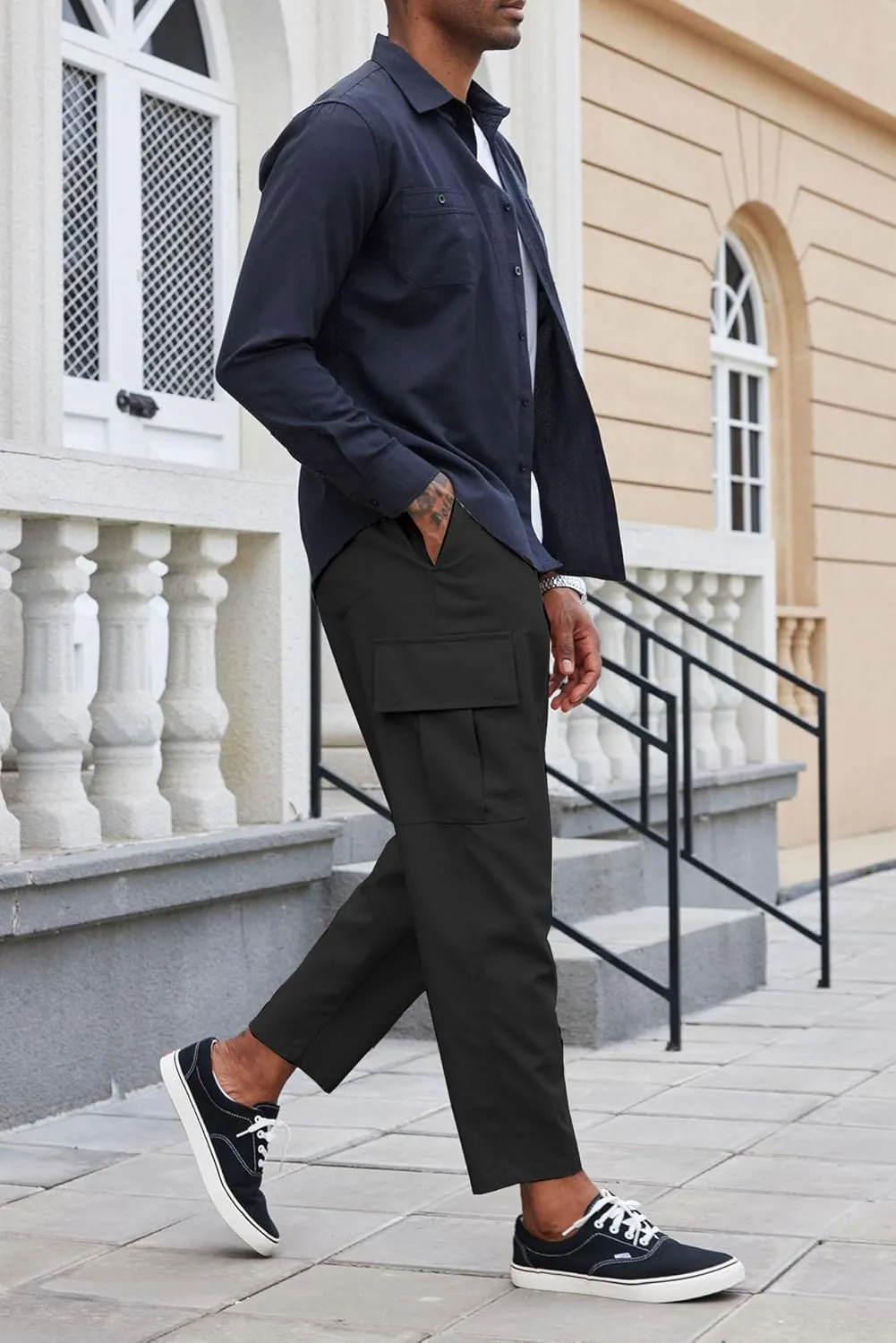 COOFANDY Mens Cargo Pants Relaxed Fit Casual Linen Pants Drawstring Sweatpants with 6 Pockets