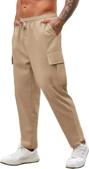 COOFANDY Mens Cargo Pants Relaxed Fit Casual Linen Pants Drawstring Sweatpants with 6 Pockets