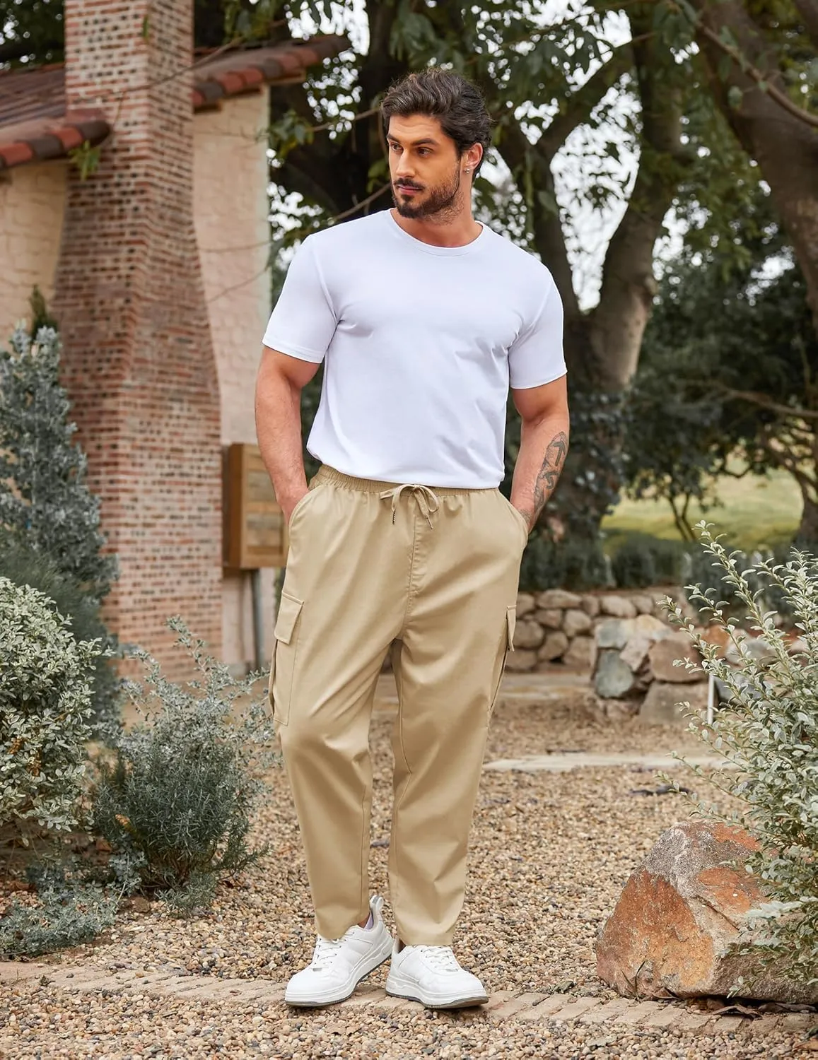 COOFANDY Mens Cargo Pants Relaxed Fit Casual Linen Pants Drawstring Sweatpants with 6 Pockets
