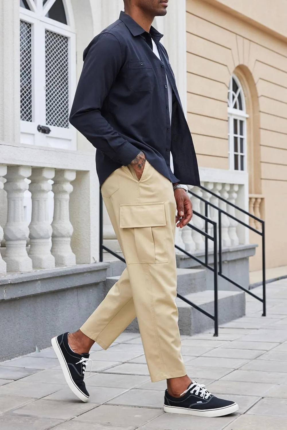 COOFANDY Mens Cargo Pants Relaxed Fit Casual Linen Pants Drawstring Sweatpants with 6 Pockets