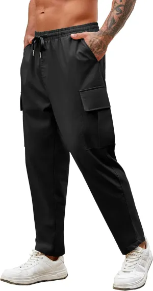 COOFANDY Mens Cargo Pants Relaxed Fit Casual Linen Pants Drawstring Sweatpants with 6 Pockets
