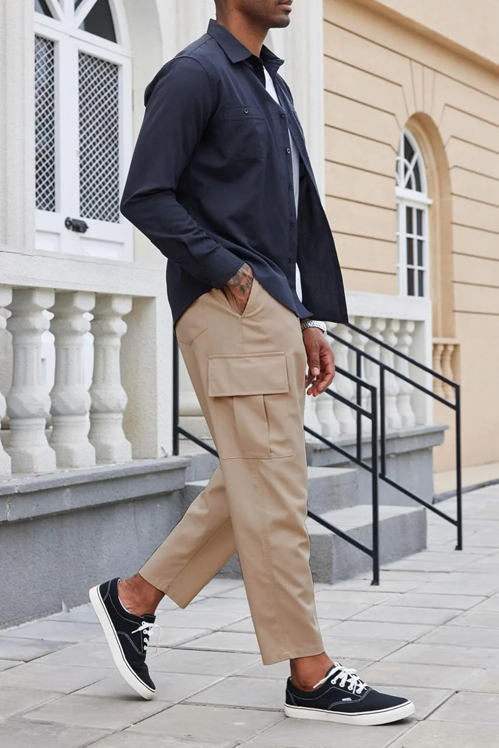 COOFANDY Mens Cargo Pants Relaxed Fit Casual Linen Pants Drawstring Sweatpants with 6 Pockets