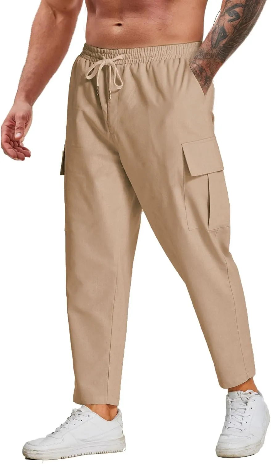 COOFANDY Mens Cargo Pants Relaxed Fit Casual Linen Pants Drawstring Sweatpants with 6 Pockets
