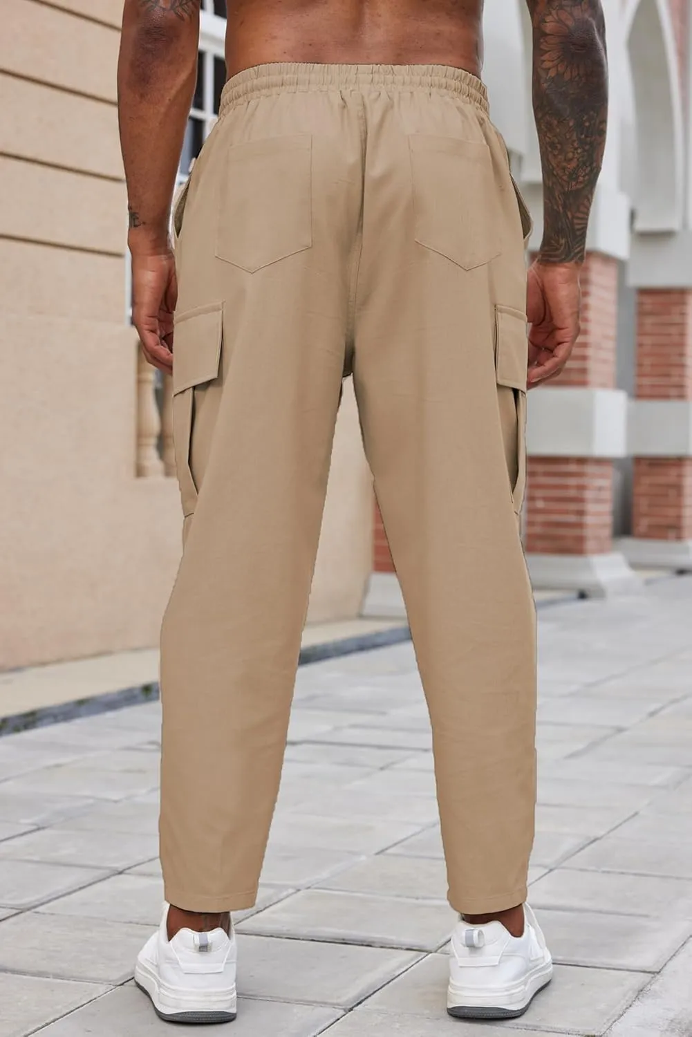 COOFANDY Mens Cargo Pants Relaxed Fit Casual Linen Pants Drawstring Sweatpants with 6 Pockets