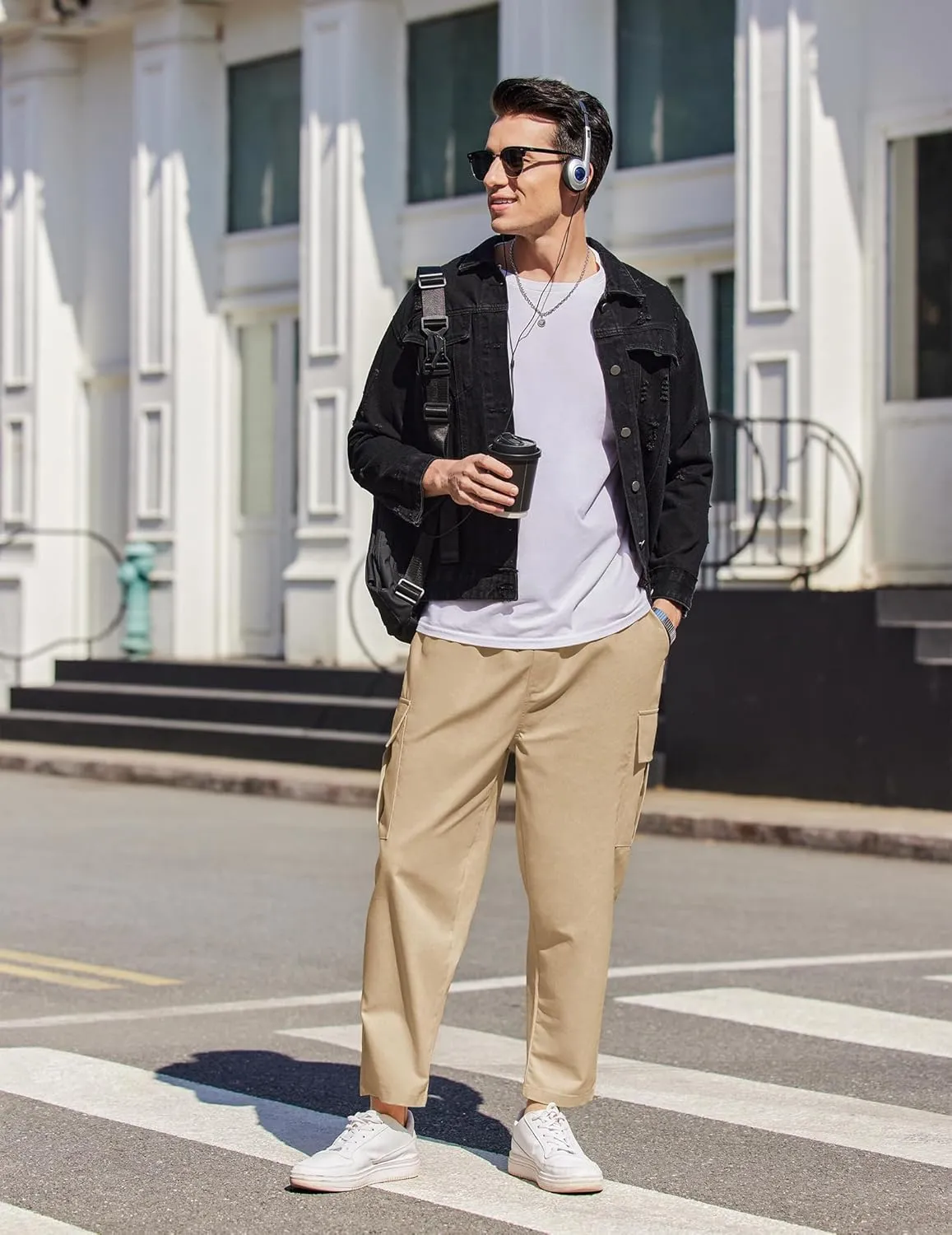 COOFANDY Mens Cargo Pants Relaxed Fit Casual Linen Pants Drawstring Sweatpants with 6 Pockets