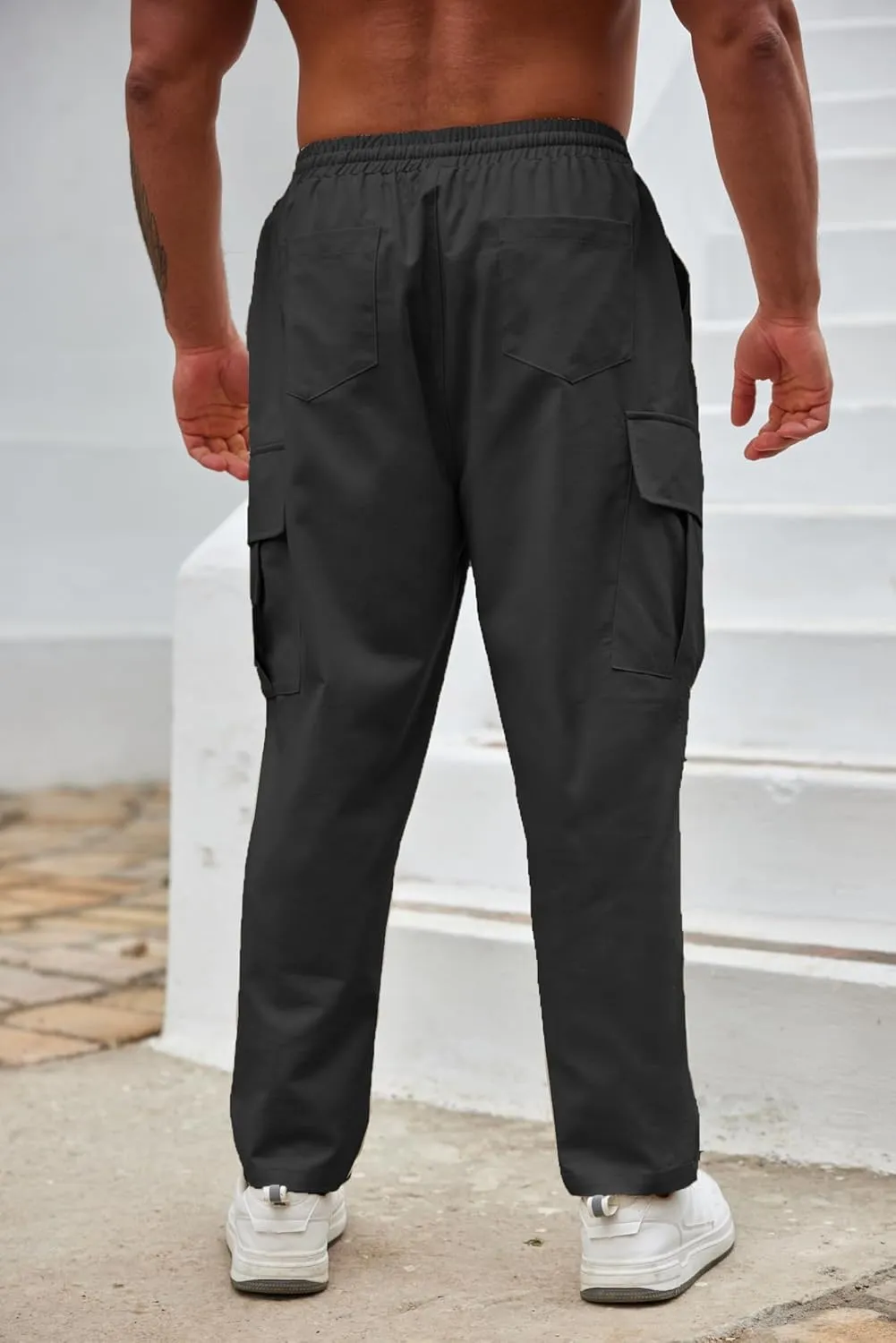 COOFANDY Mens Cargo Pants Relaxed Fit Casual Linen Pants Drawstring Sweatpants with 6 Pockets