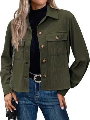 Corduroy Jacket Women Trendy Button Down Shacket Cropped Jacket Soft Long Sleeve Fall Outerwear with Pockets