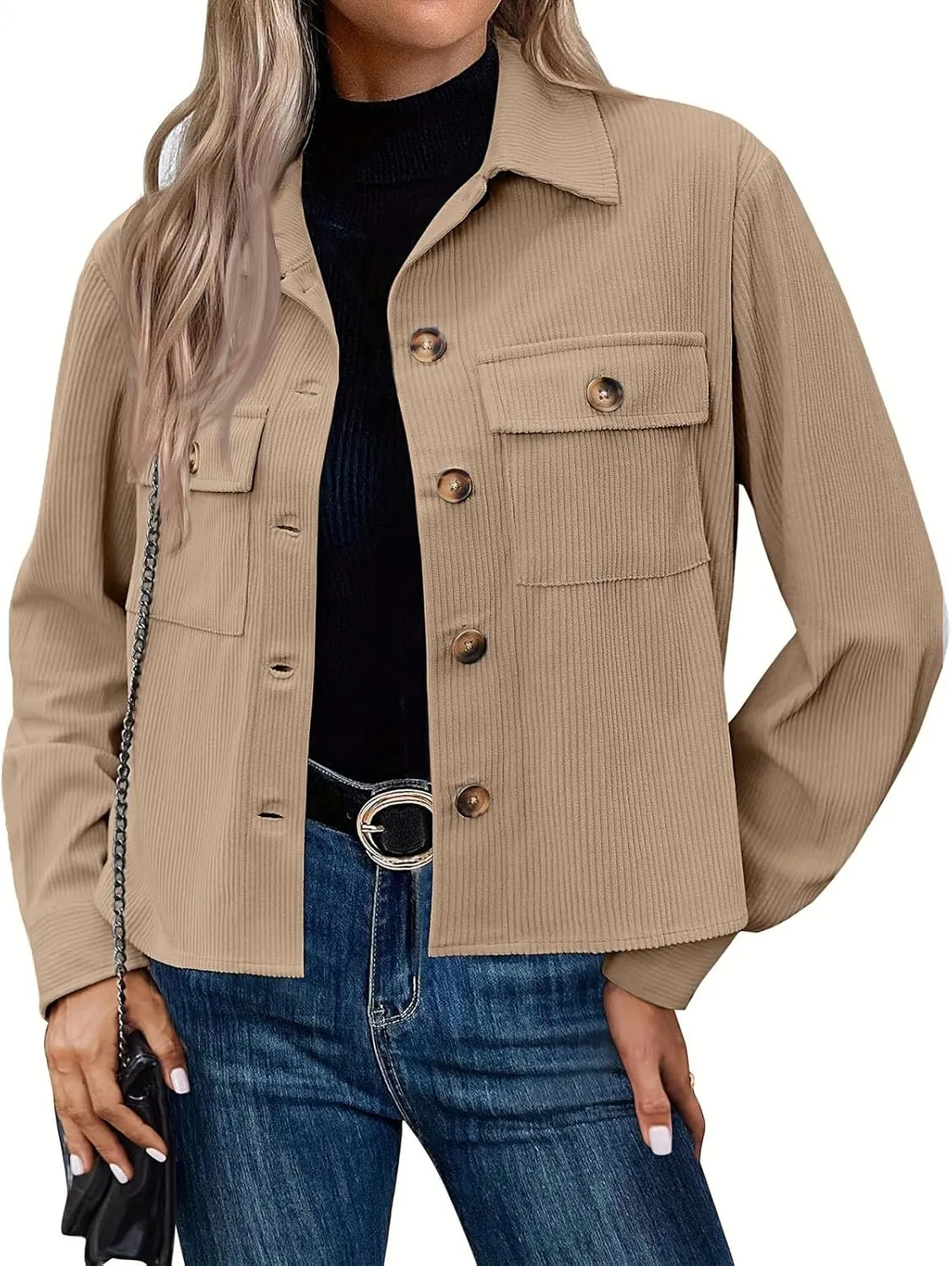 Corduroy Jacket Women Trendy Button Down Shacket Cropped Jacket Soft Long Sleeve Fall Outerwear with Pockets