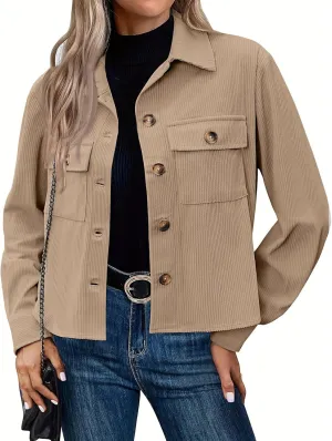 Corduroy Jacket Women Trendy Button Down Shacket Cropped Jacket Soft Long Sleeve Fall Outerwear with Pockets