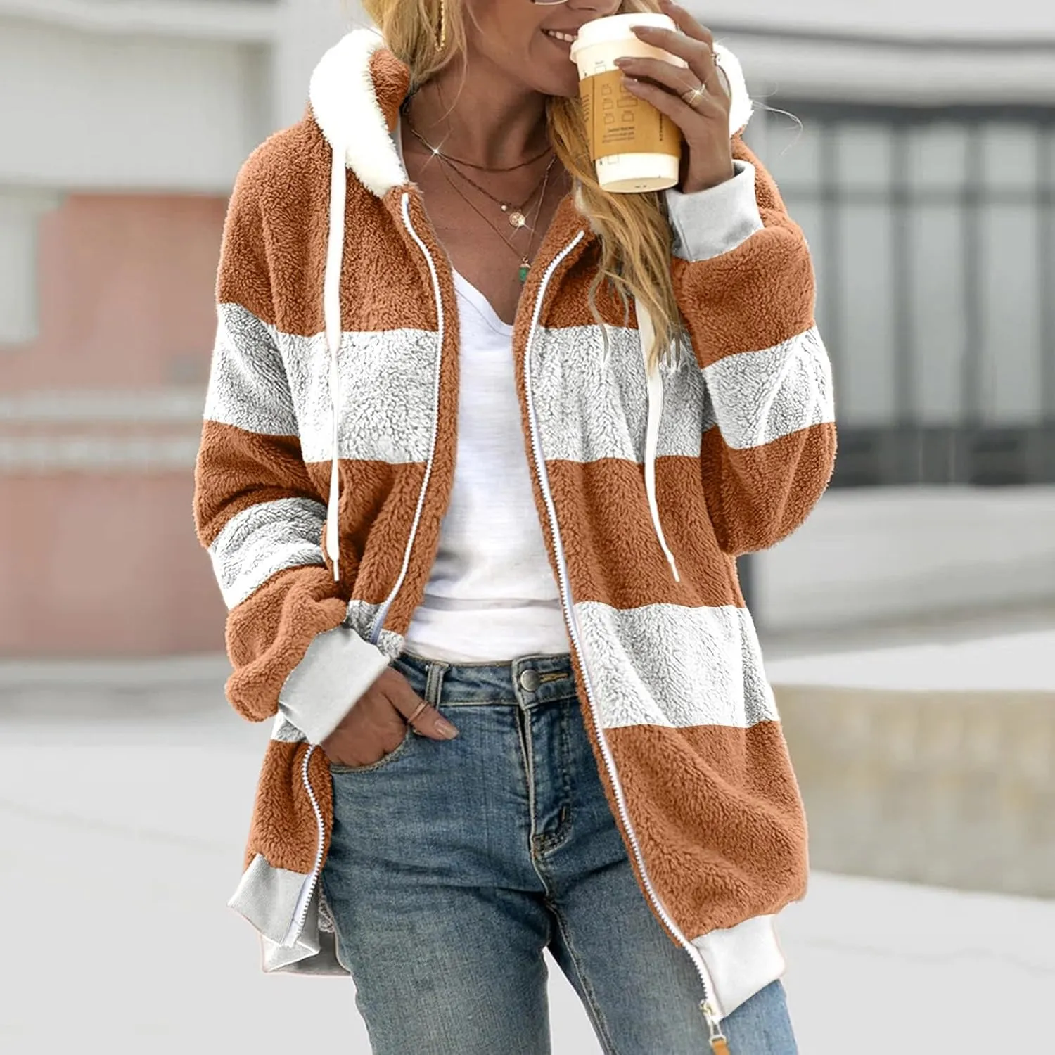 COTECRAM Winter Coats for Women 2023 Casual Plus Size Fleece Jacket Color Block Zip Up Hoodies Coat Outwear with Pockets
