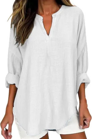 Cotton Linen Henley Tops Women Dressy Long Sleeve Vneck Hide Belly Longline Tshirts Plain Cotton Tunic Tee Shirts