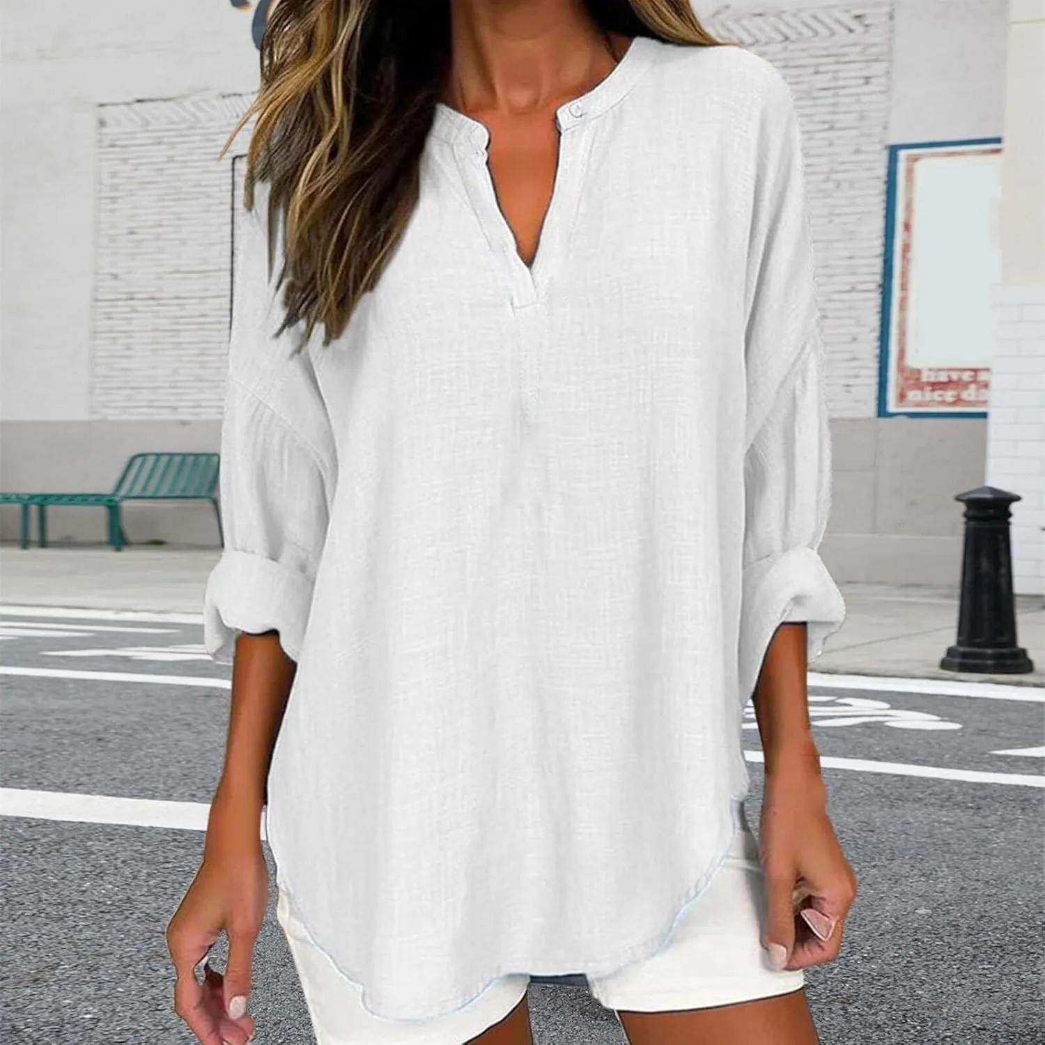 Cotton Linen Henley Tops Women Dressy Long Sleeve Vneck Hide Belly Longline Tshirts Plain Cotton Tunic Tee Shirts