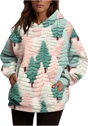 Cozy Knitted Tree Print Hoodie for Women Pullover Oversized Long Sleeve Winter Graphic Sweatshirt Warm Daliy Top