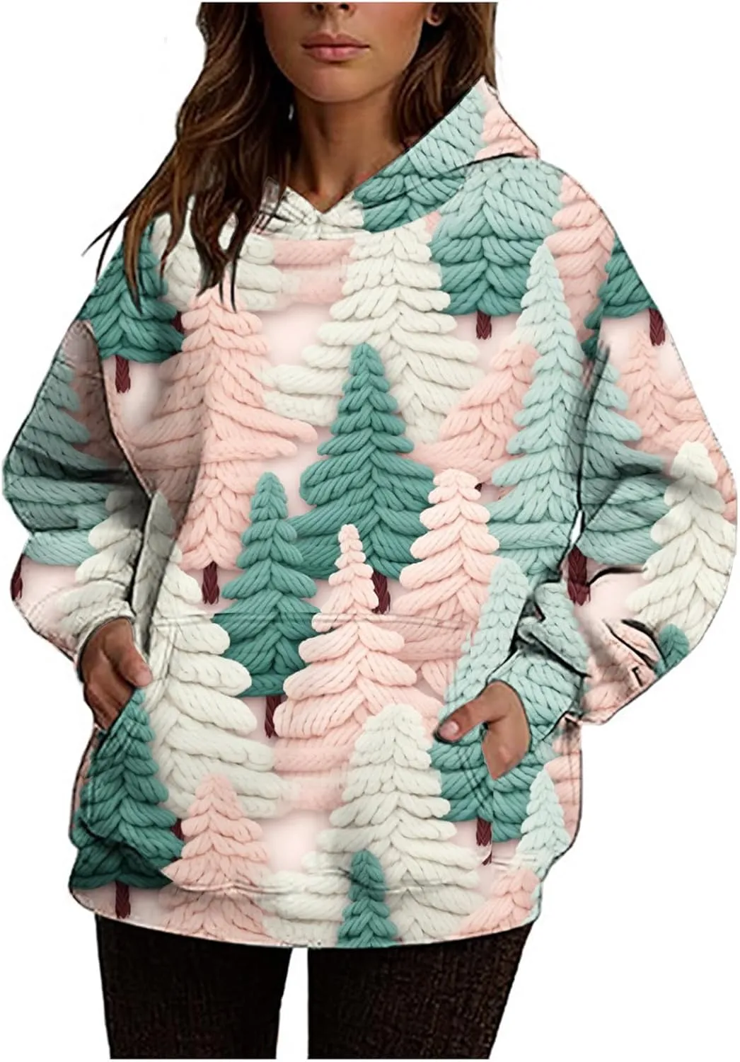 Cozy Knitted Tree Print Hoodie for Women Pullover Oversized Long Sleeve Winter Graphic Sweatshirt Warm Daliy Top
